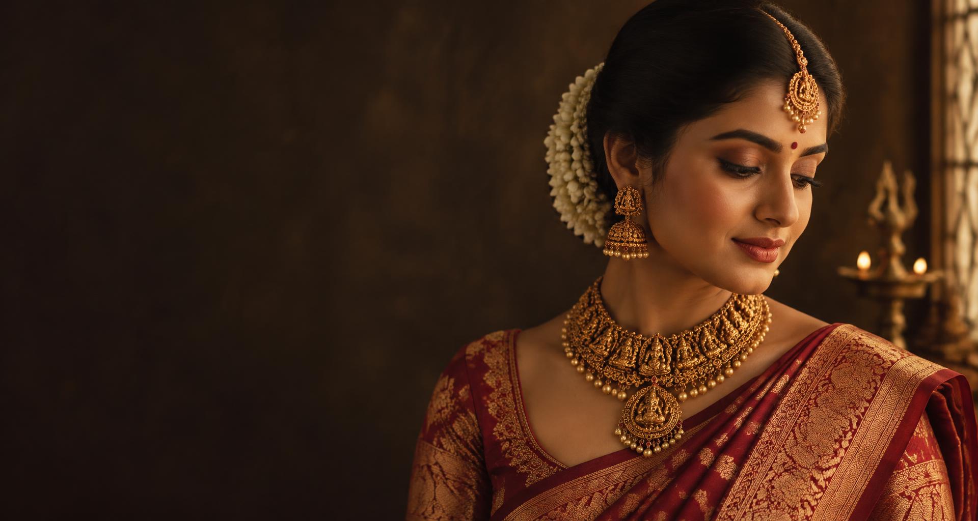 Bride wearing a heavy 22k gold temple necklace, matching jhumka earrings and maang tikka